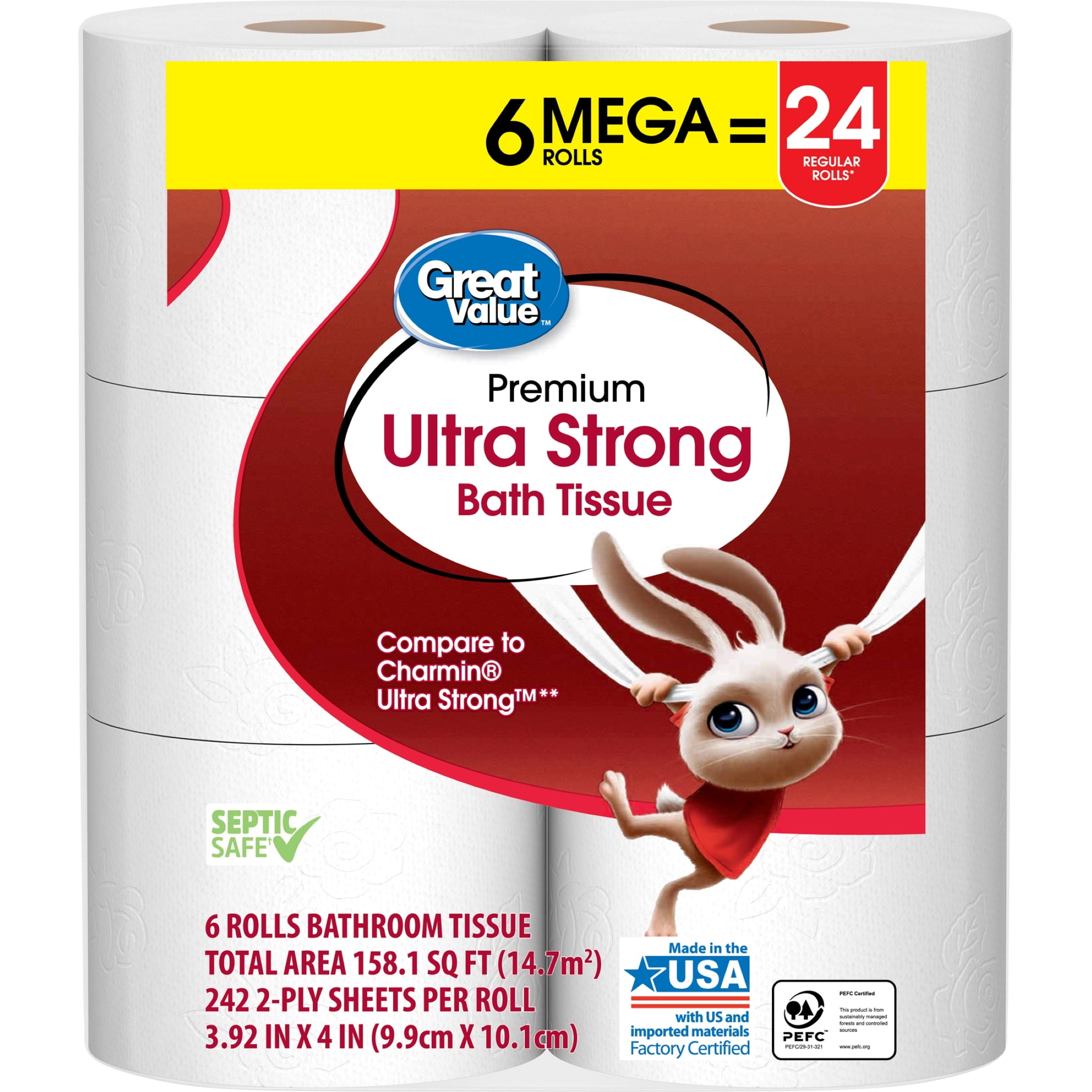 Great Value Ultra Strong Toilet Paper, 6 Mega Rolls