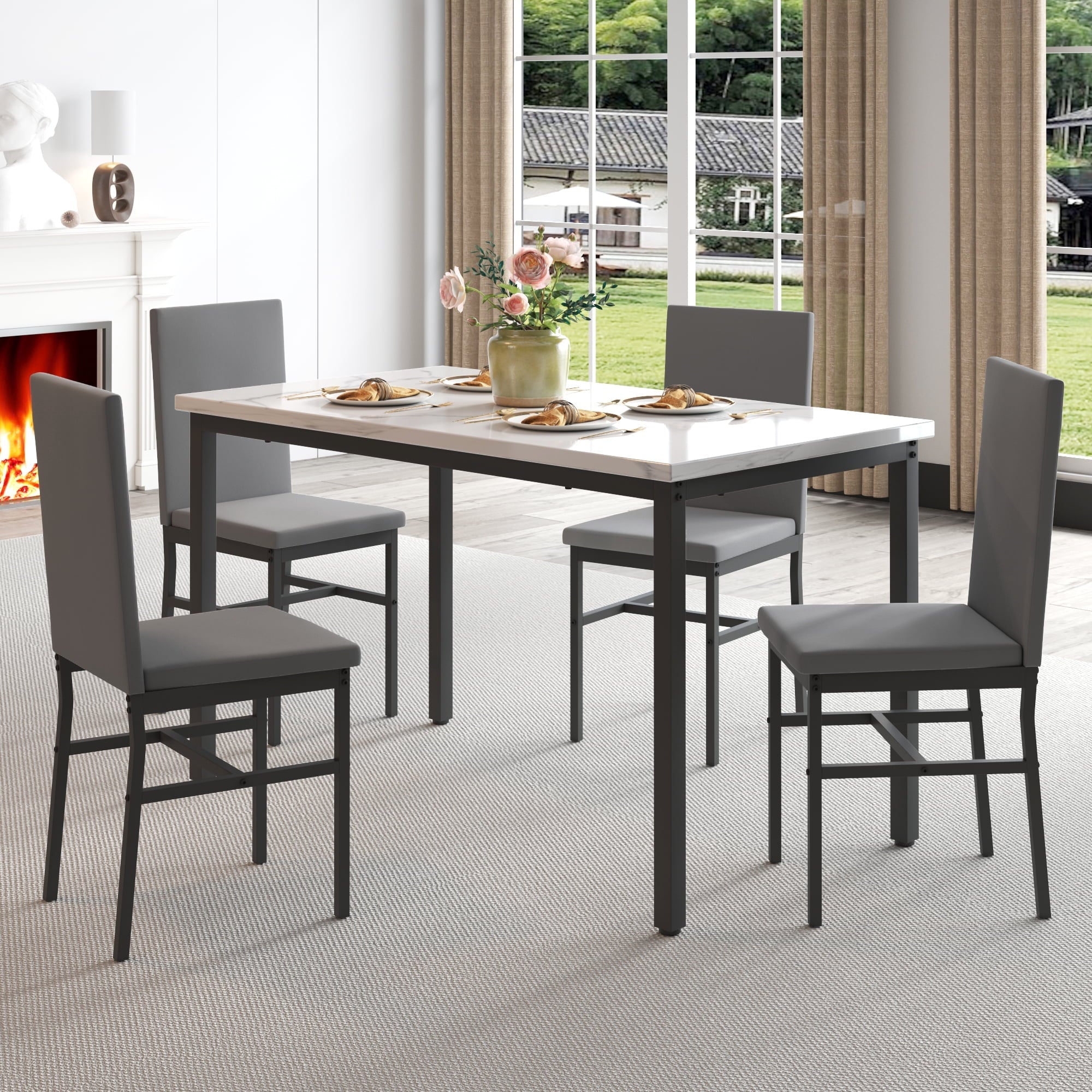 uhomepro 5 Pieces Dining Table Set, Elegant Marble Top Kitchen Table and Chairs for 4, Metal Frame Table and 4 Velvet Upholstered Chairs Perfect for Kitchen Breakfast Nook Bar Small Apartment