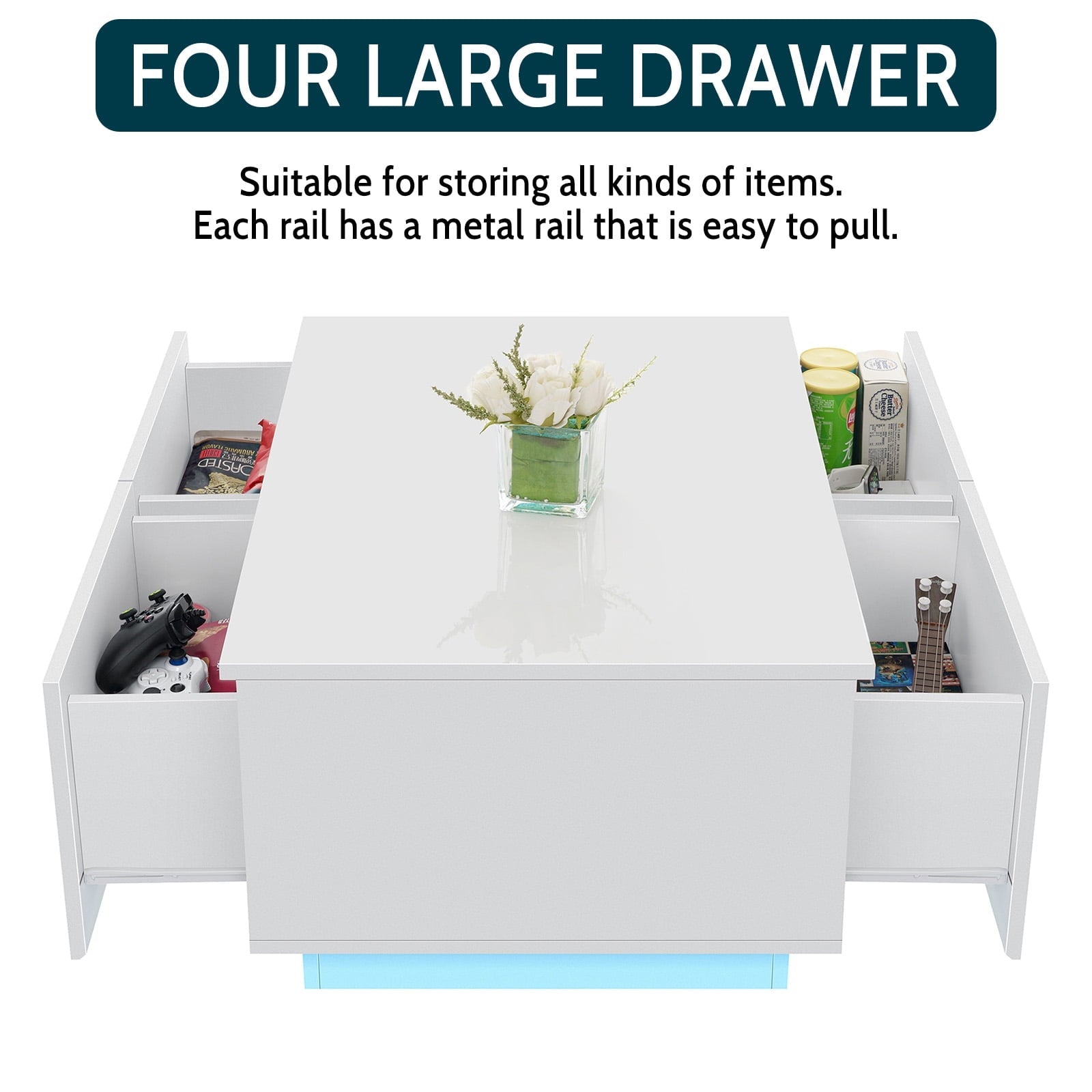 Hommpa Rectangular Coffee Table with LED Lights Tea Tables with 4 Drawers High Gloss Modern Living Room Furniture White Finish Sofa Side Table 37.4 x 23.6 x 15.4 Inches