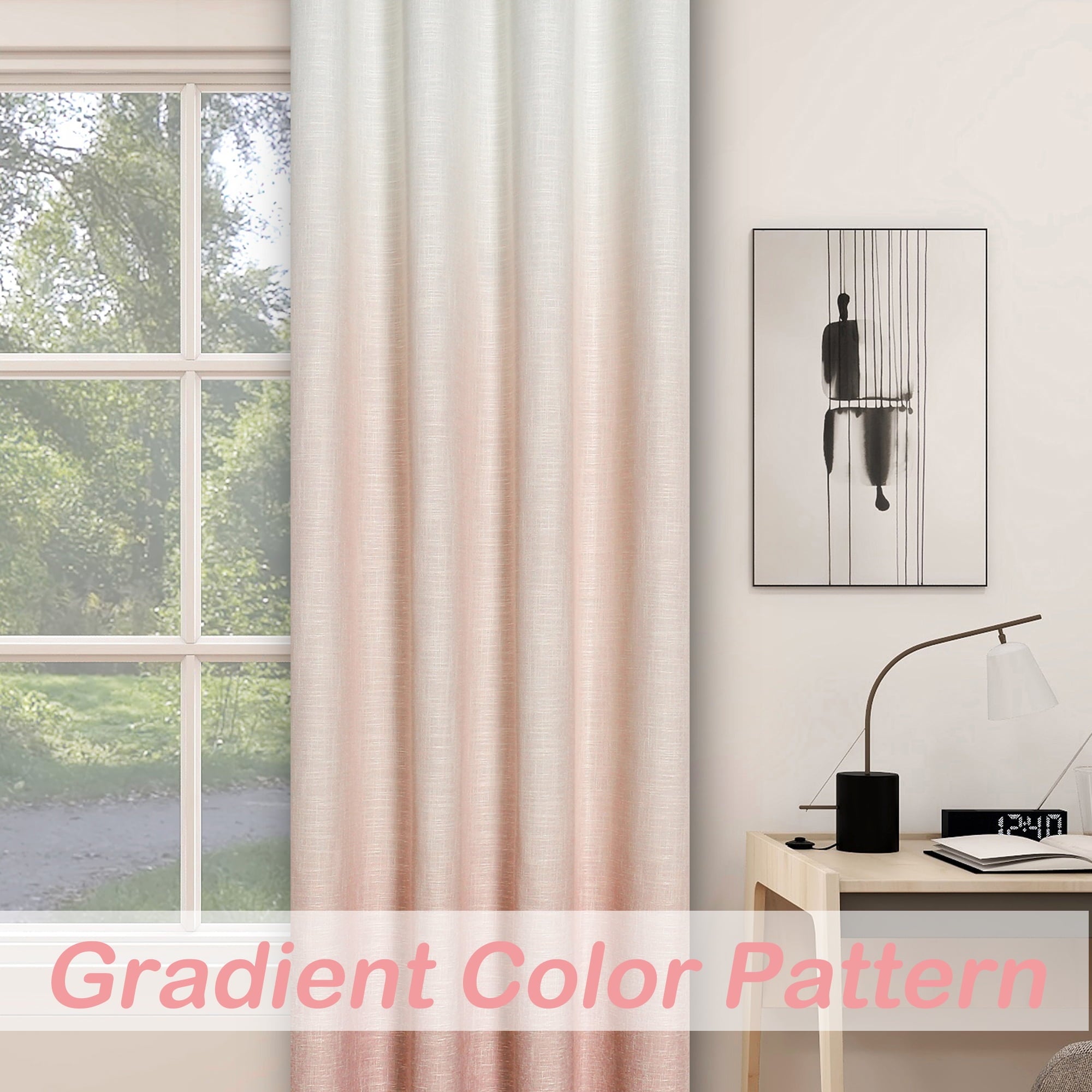 Uptown Home Pink White Ombre Full Blackout Window Curtain Panels Linen Texture Greyish White Liner Gradient Grommet Drapes for Grils Room Room, 50