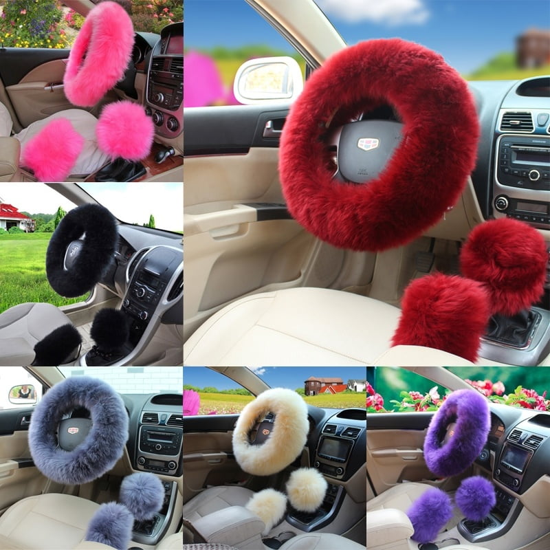 Universal Car Plush Fuzzy Steering Wheel Cover Wool Fur Gear Knob Shifter Brake