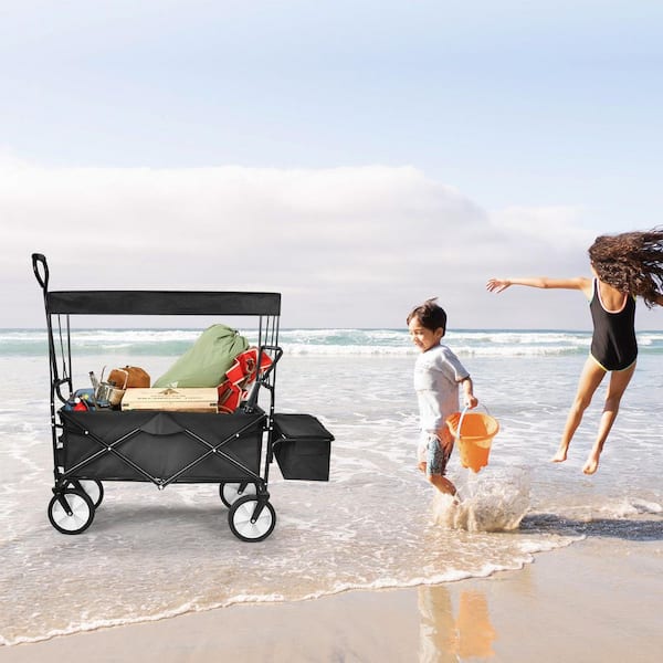 2 cu. ft. Black Steel Heavy-Duty Folding Portable Hand Garden Cart with Removable Canopy 8 in. Wheels Adjustable Handles