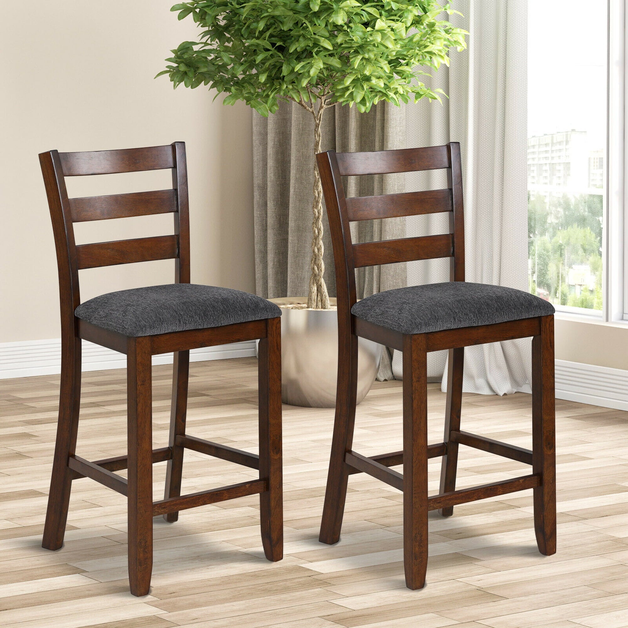 Gymax Set of 2 Barstools Counter Height Chairs w/Fabric Seat & Rubber Wood Legs