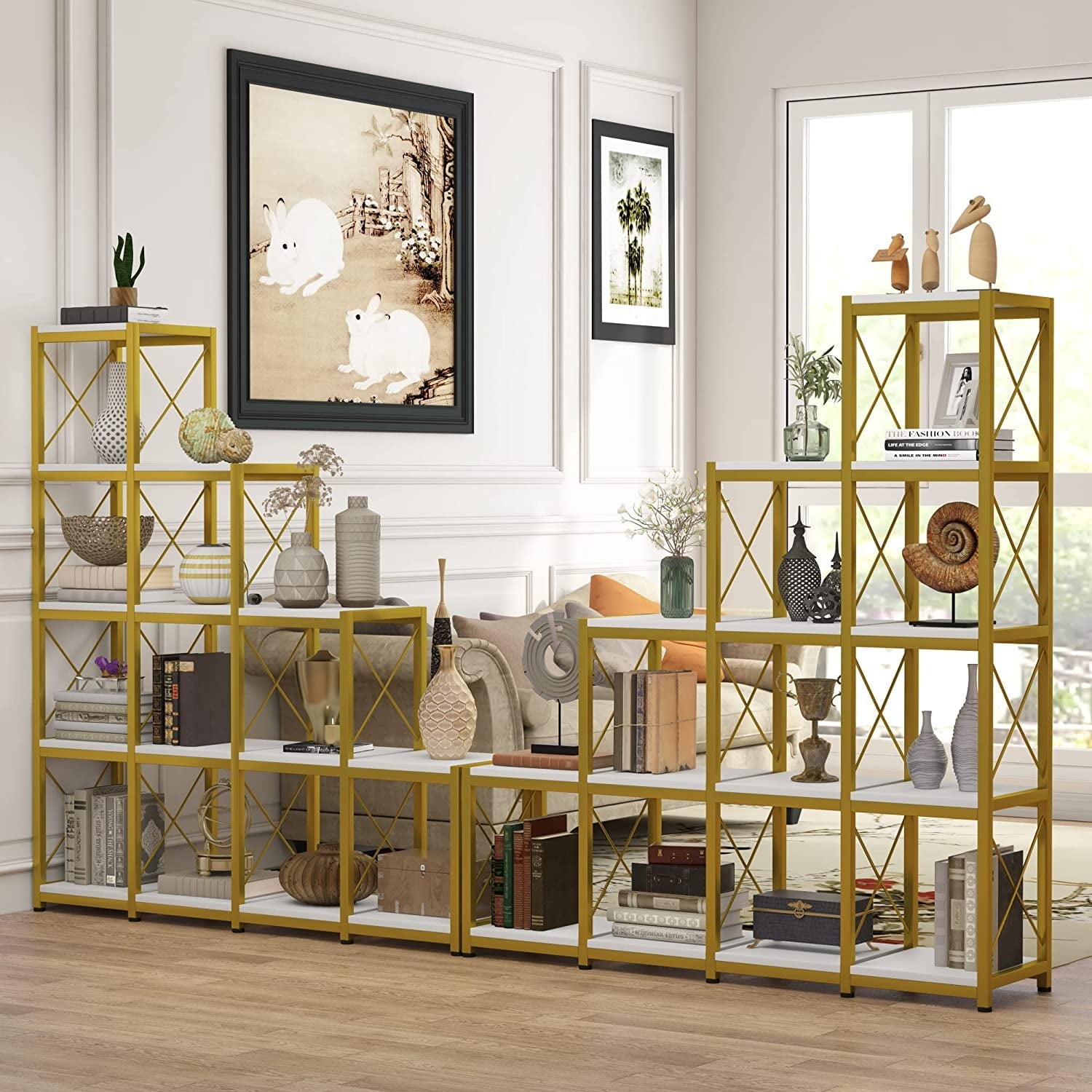 MESHAEE 14 Shelves Bookshelves, Industrial Ladder Corner Etagere Bookcase, Rustic 5-Tier Display Open Shelf Storage Organizer for Living Room