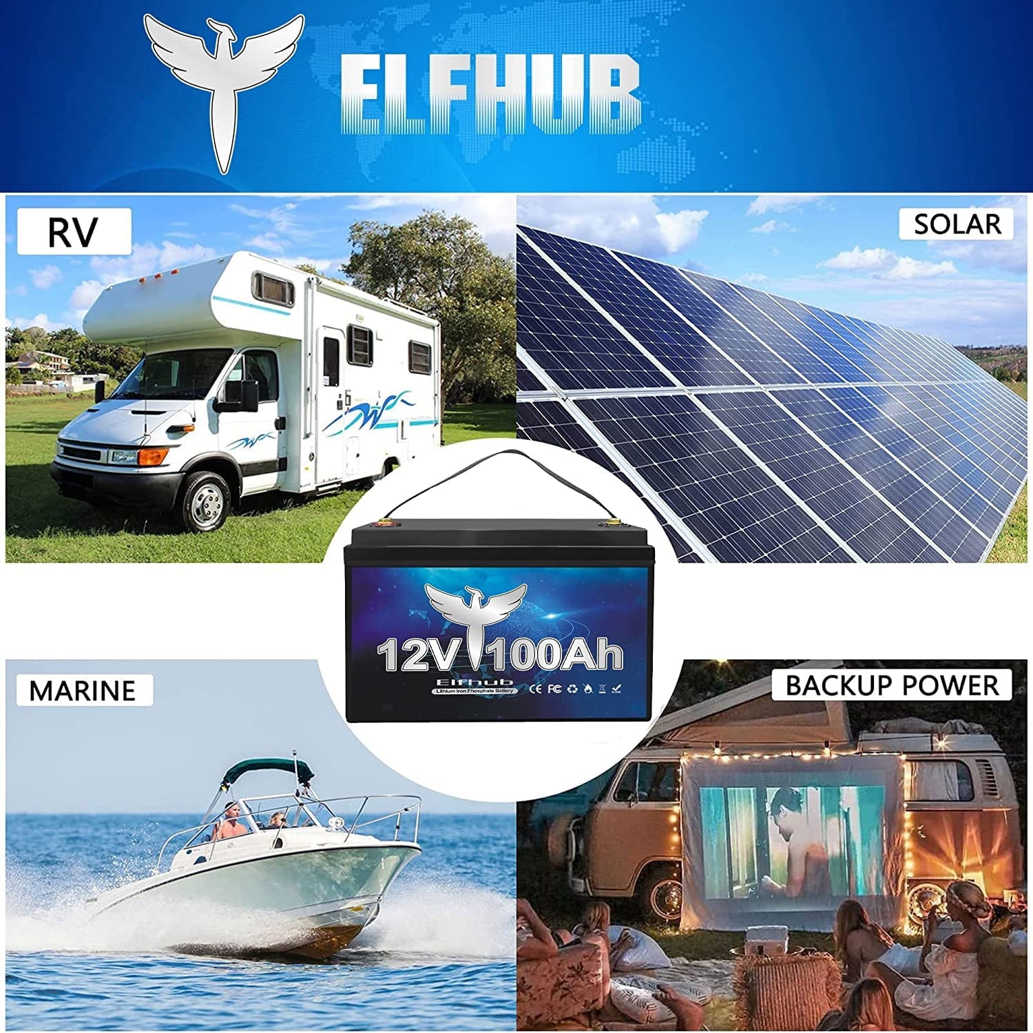 Elfhub 12V 100Ah Lithium Battery, 1280Wh LiFePO4 Battery with 100A BMS, Over 5000+ Rechargeable Cycles. Perfect for RV/Camper, Solar, Off-Grid, Boat, Marine, Trolling Motor, Road-Trip.Support 4S/8P