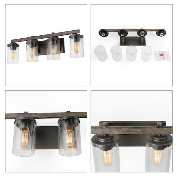28 in. 4-Light Rust Black Farmhouse Bathroom Vanity Light with Brushed Faux Wood/Gray Accents and Clear Glass Shades