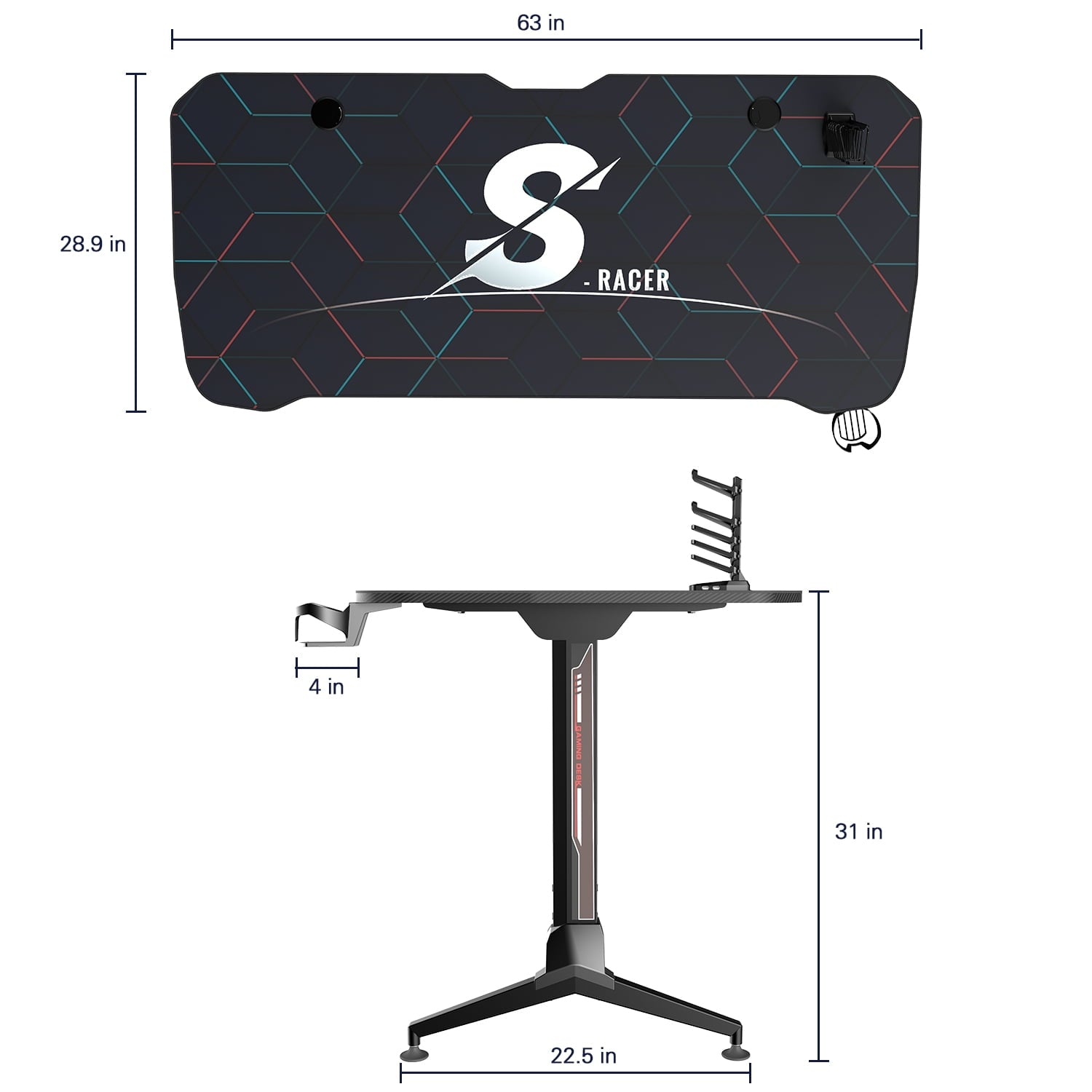 Lacoo Gaming Desk Steel Frame Y-shaped Gaming Desk with Adjustable Height, Black 63