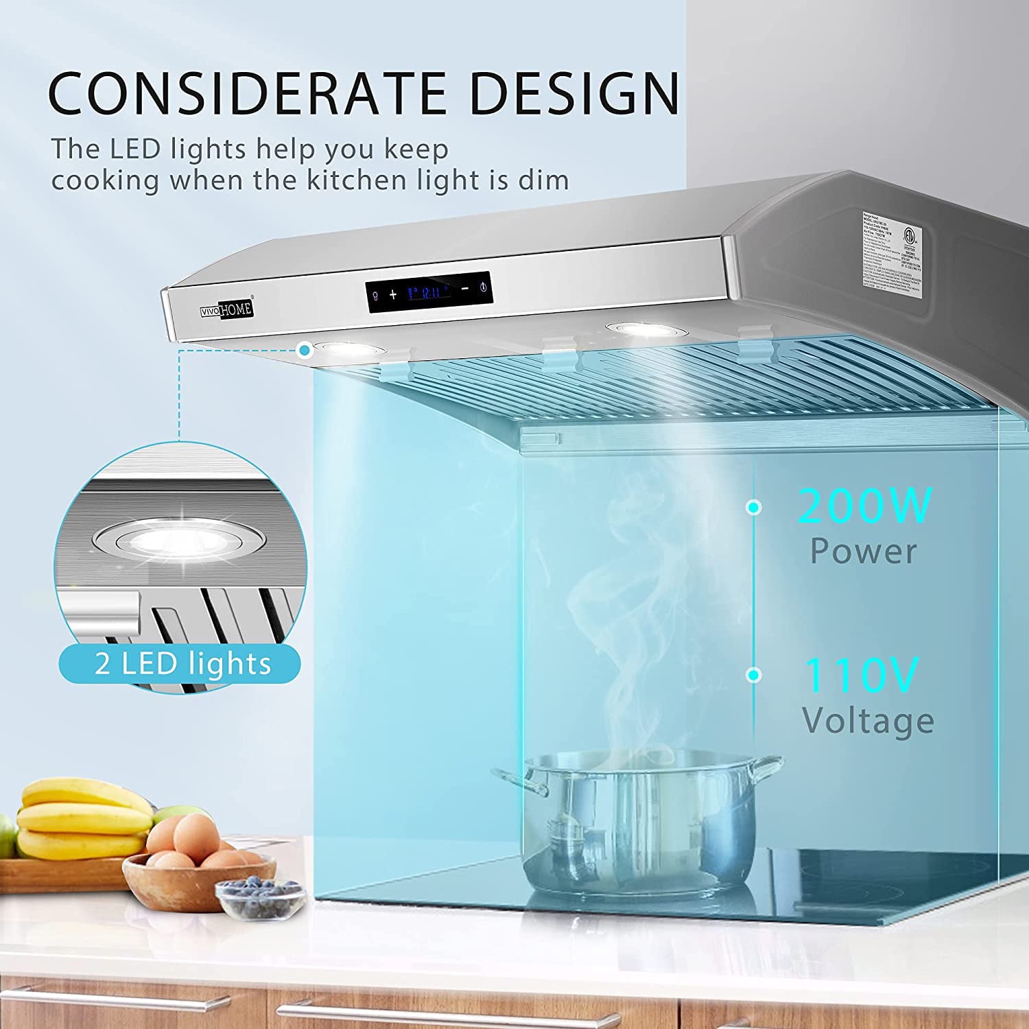 VIVOHOME 30 Inch Under Cabinet Range Hood with LED Lights for Kitchen, 800CFM