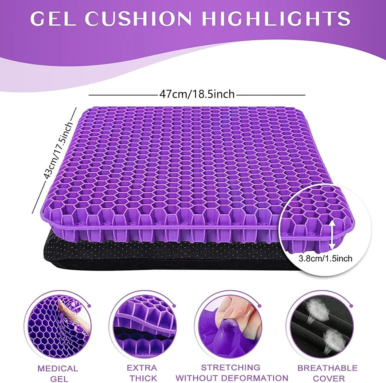 Gel Seat Cushion Pillow for Long Sitting – Office Chair Car Egg Seat Cushion with Non-Slip Cover for Back, Coccyx & Tailbone Pain Relief Pad - Pressure Reducing Honeycomb Designed for Comfort