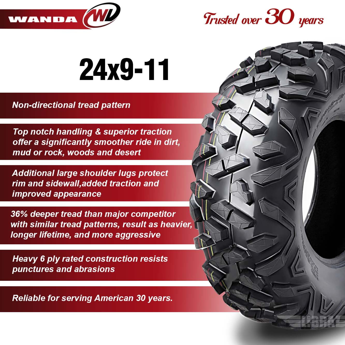 Set of 2 New WANDA ATV/UTV Tires 24x9-11 24x9x11/4PR Utra Deep Self-cleaning Tread