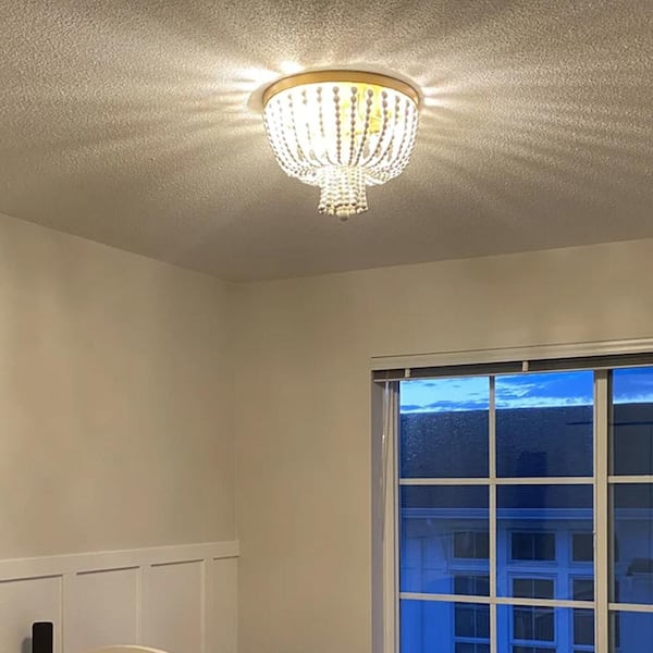 13.75 in. 3-Light Gold Flush Mount with White Wood Beads