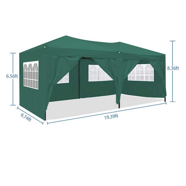 10 ft. x 20 ft. Green Heavy Duty Awnin Pop Up Gazebo Party Wedding Event Tent with 6 Removable Sidewalls, Carry Bag