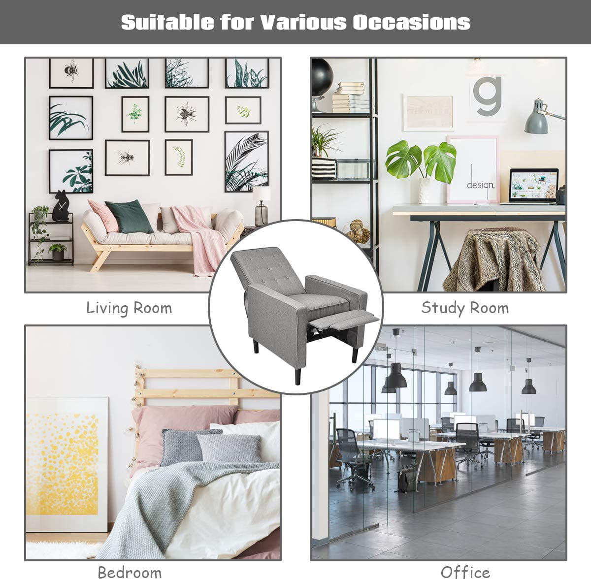 Giantex Push Back Recliner Chair, Fabric Accent Arm Chair with Ottoman Modern Recliner Sofa for Living Room Bedroom Home Office Club Chair (1 Pcs, Grey)