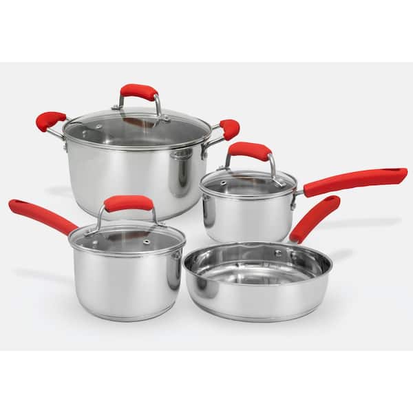 7-Piece Stainless Steel Cookware Set with Red Silicone handles