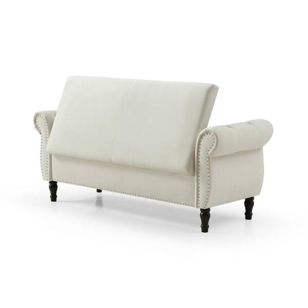 63 in. Beige Velvet Rectangular Sofa Stool Buttons Tufted Nailhead Trimmed Ottoman Solid Wood Legs with 1-Pillow