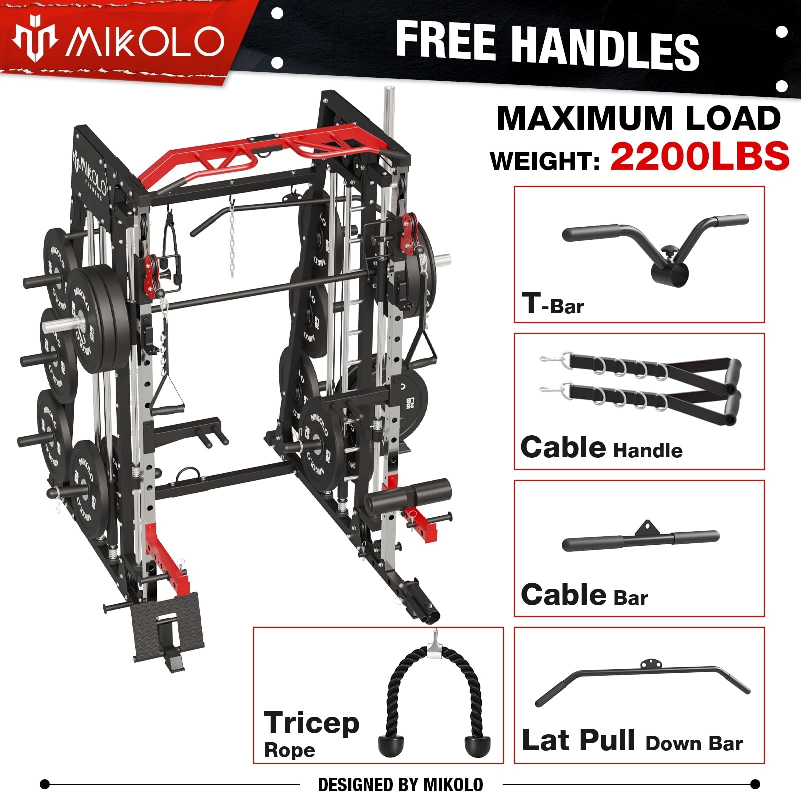 Mikolo Smith Machine Home Gym, 2200 lbs Power Rack Cage with Cable Crossover, Weight Bar, 360° Landmine, Barbell Holders and Other Attachments, Total Body Strength Training Cage