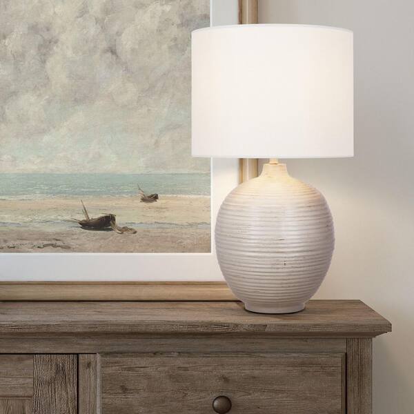 Finch 22 in. Distressed White Ribbed Table Lamp with White Linen Shade