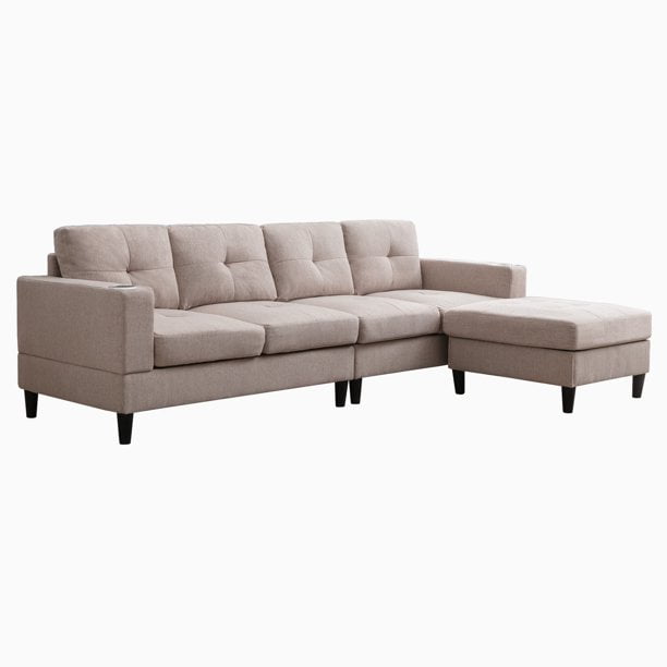 Mjkone Reversible Sectional Sofa, 4 Seat L-Shape Sofa Couches for Living Room, Convertible Sectional Couch with Reversible Chaise, Modular Sectional Couch with 2 Cup Holders for Apartment, Dark Grey