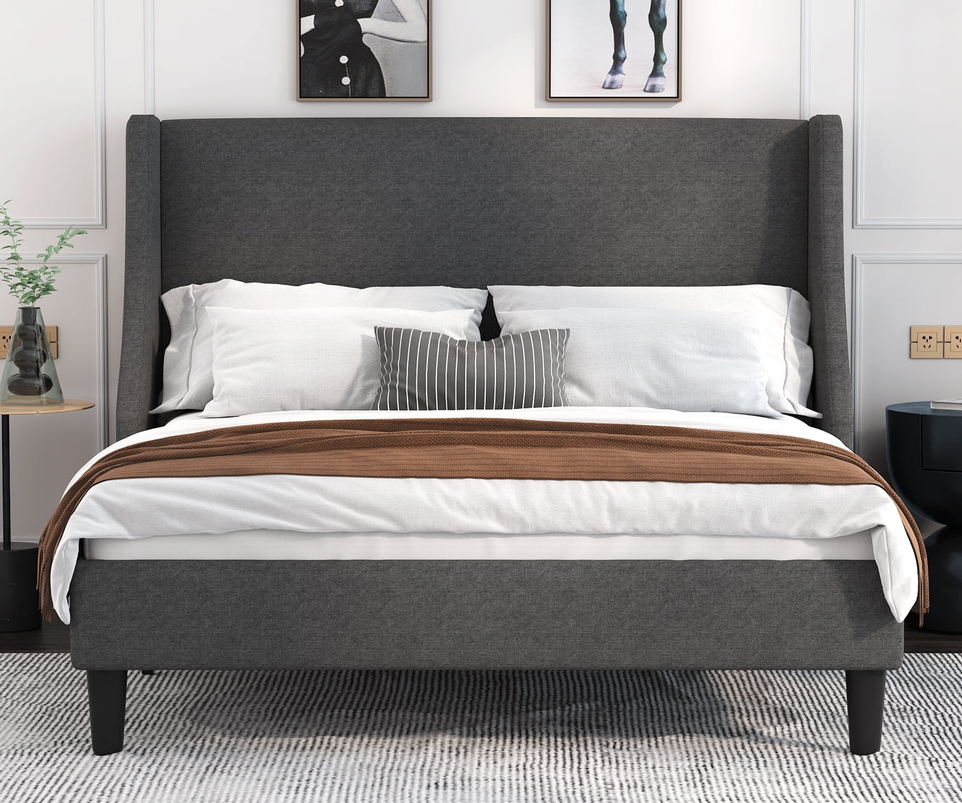 Allewie King Size Fabric Upholstered Platform Bed Frame with Wingback Headboard, Dark Grey