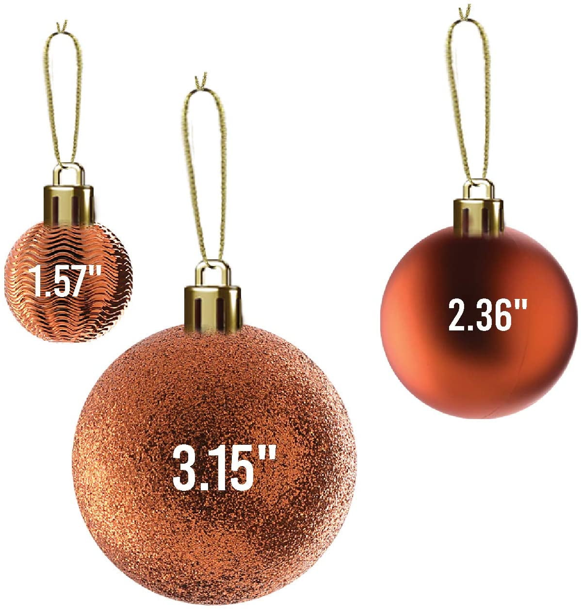Prextex Copper Christmas Ball Ornaments for Christmas Decorations - 36 Pieces Xmas Tree Shatterproof Ornaments with Hanging Loop for Holiday and Party Decoration (Combo of 6 Styles in 3 Sizes)