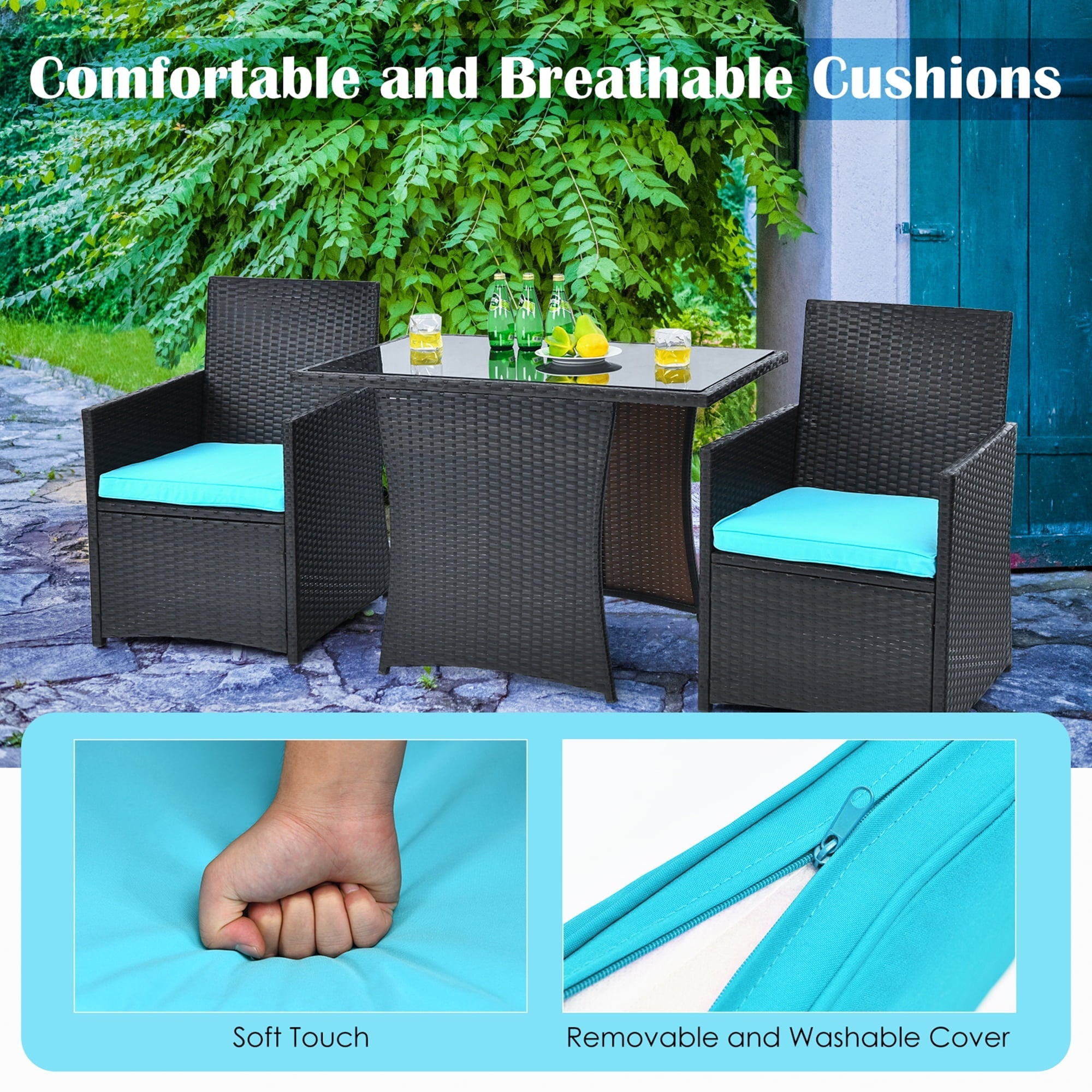 Gymax 3PCS Patio Wicker Bistro Set PE Rattan Dining Table Set w/ Turquoise Cushions