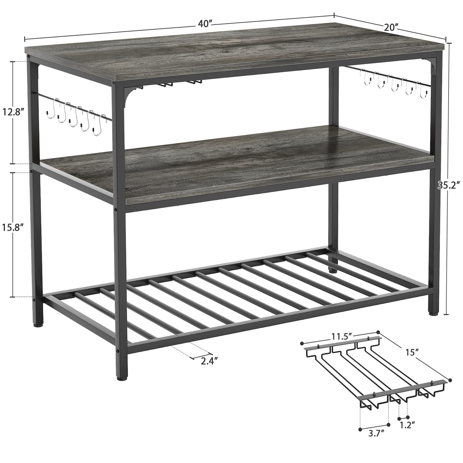 Homieasy Kitchen Island with Wine Glass Holder, Industrial Wood and Metal Coffee Bar Rack, 3 Tier Spacious Prep Table Extended Counter with Hooks Easy to Assemble, Gray Oak