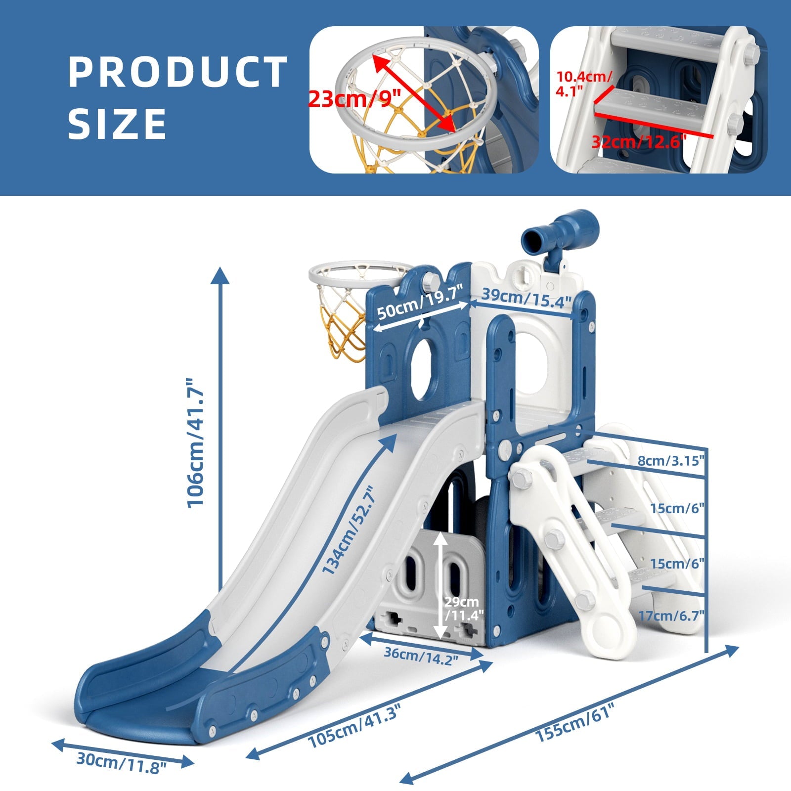 XJD Toddler Slide with Climber, 5-in-1 Kid Indoor Playground Freestanding Playset, Outdoor Slide Toddlers Climber and Slide Set with Basketball Hoop and Climber for Kids Age 1+, Blue