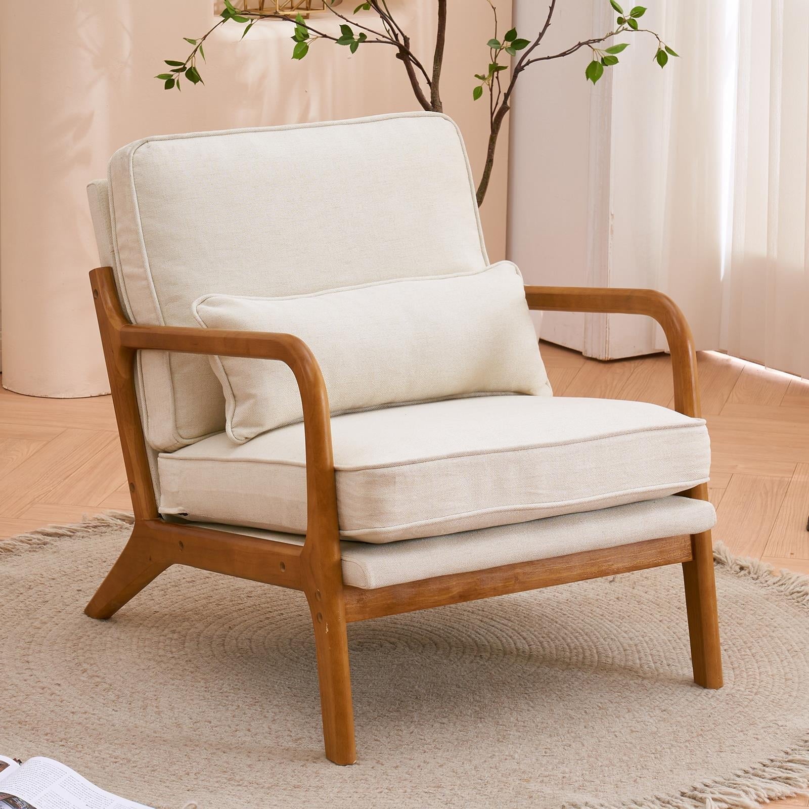 Ktaxon Mid Century Modern Accent Chair, Linen Fabric Armchair with Solid Wood Frame Beige