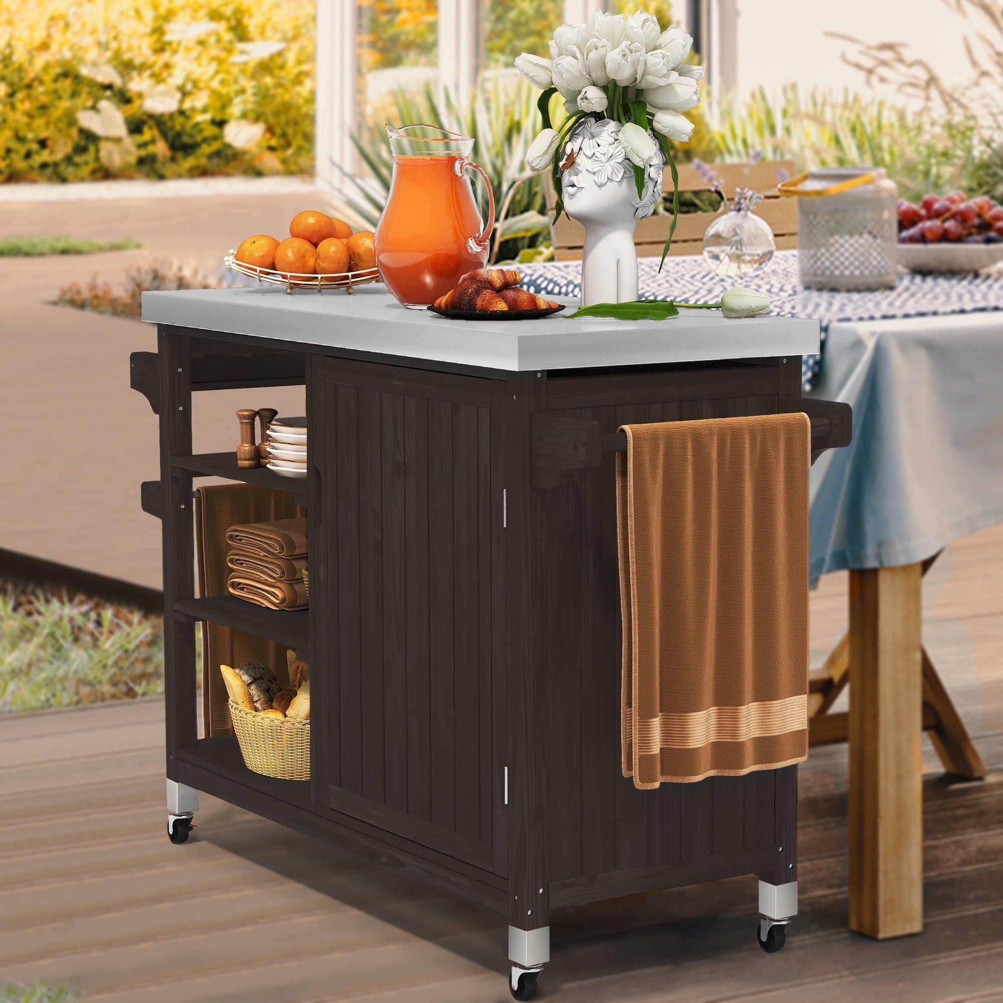 Dextrus Grill Carts Outdoor With Storage Cabinet and Wheels, Solid Wood Movable Dining Cart Table,with Stainless Steel Top, Spice Rack, and Side Handle, Kitchen Island with Storage or Bar Cart, Brown