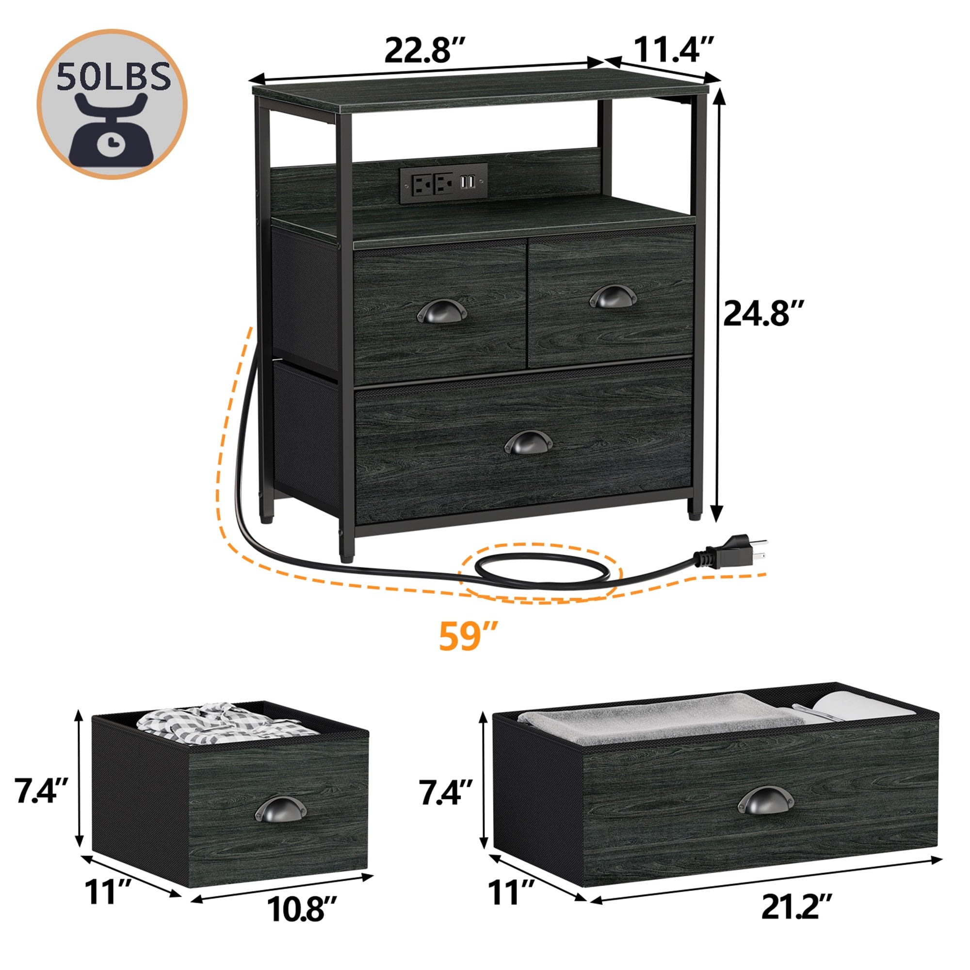 Furnulem Nightstand with Charging Station, Bedside Tables with 3 Drawers & Storage Shelf for Bedroom, Living Room, End Table with USB Ports & Outlets for Adults, Black Oak