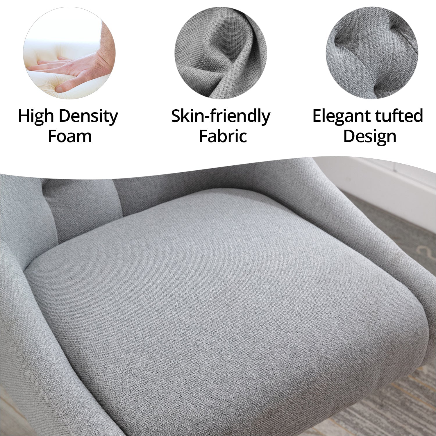 Swivel Shell Office Chair, Modern Fabric Upholstered Tufted Accent Computer Desk Chair with Ergonomic Wide Backrest and Wooden Legs, Height Adjustable Swivel Vanity Chair for Office, Grey