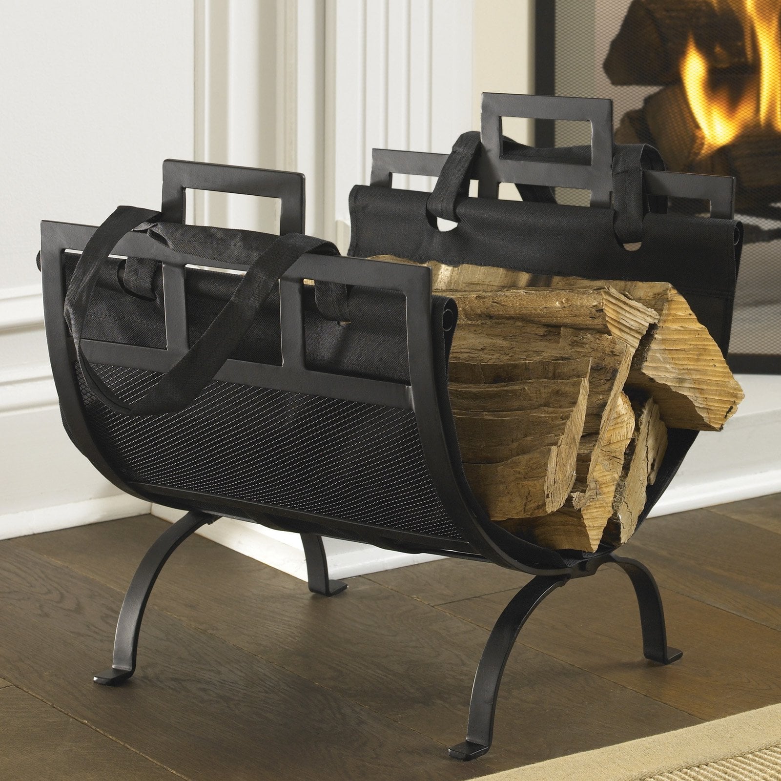 Pleasant Hearth 1085 Wrought Iron Log Holder with Canvas Tote - Black