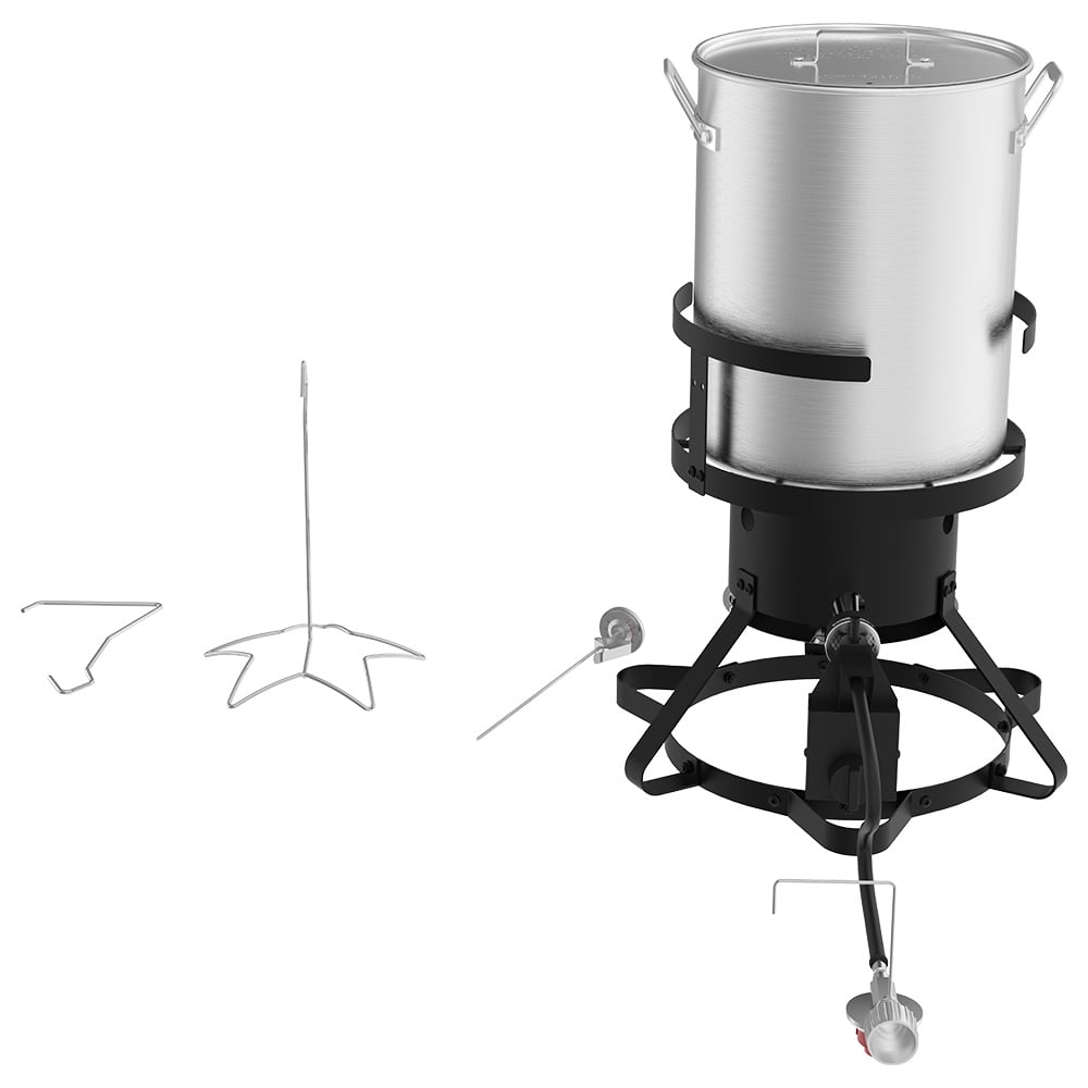 Nexgrill 30 Qt. Aluminum Pot and Lid Propane Turkey Fryer, 38,000BTUs, Fry up to 18lbs of Turkey, Automatic Timer, Includes 12 in. Thermometer and Stand with Hook, Heavy-Duty KD Steel, 840-0005