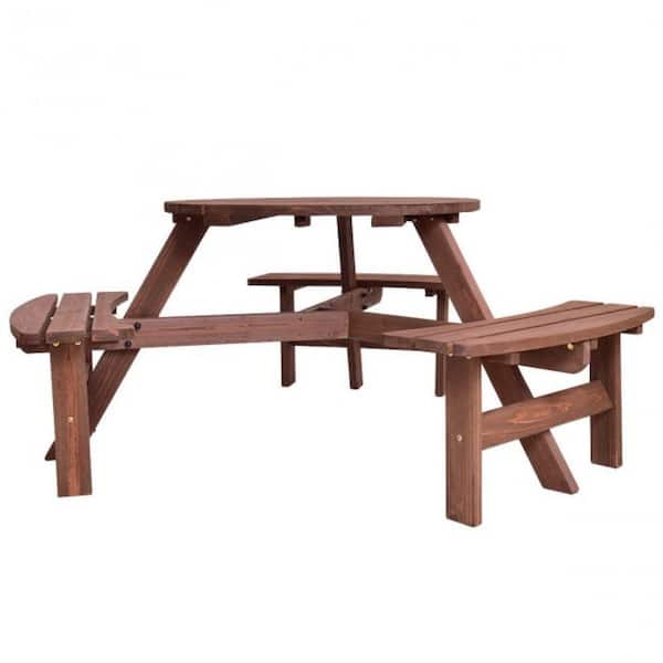 6-Person Patio Wood Picnic Table Beer Bench Set with Umbrella Hole