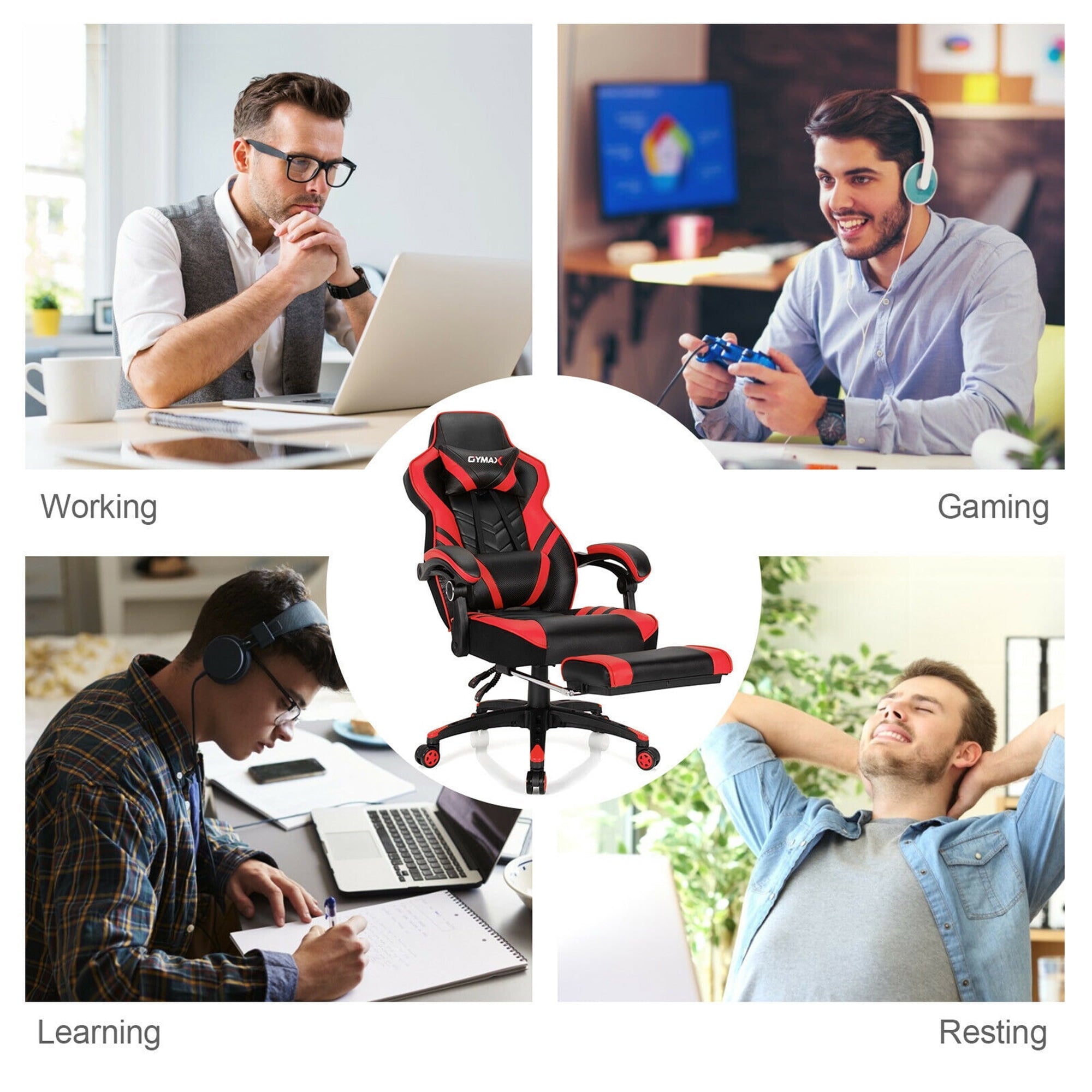 Gymax Office Computer Desk Chair Gaming Chair Adjustable Swivel w/Footrest Red