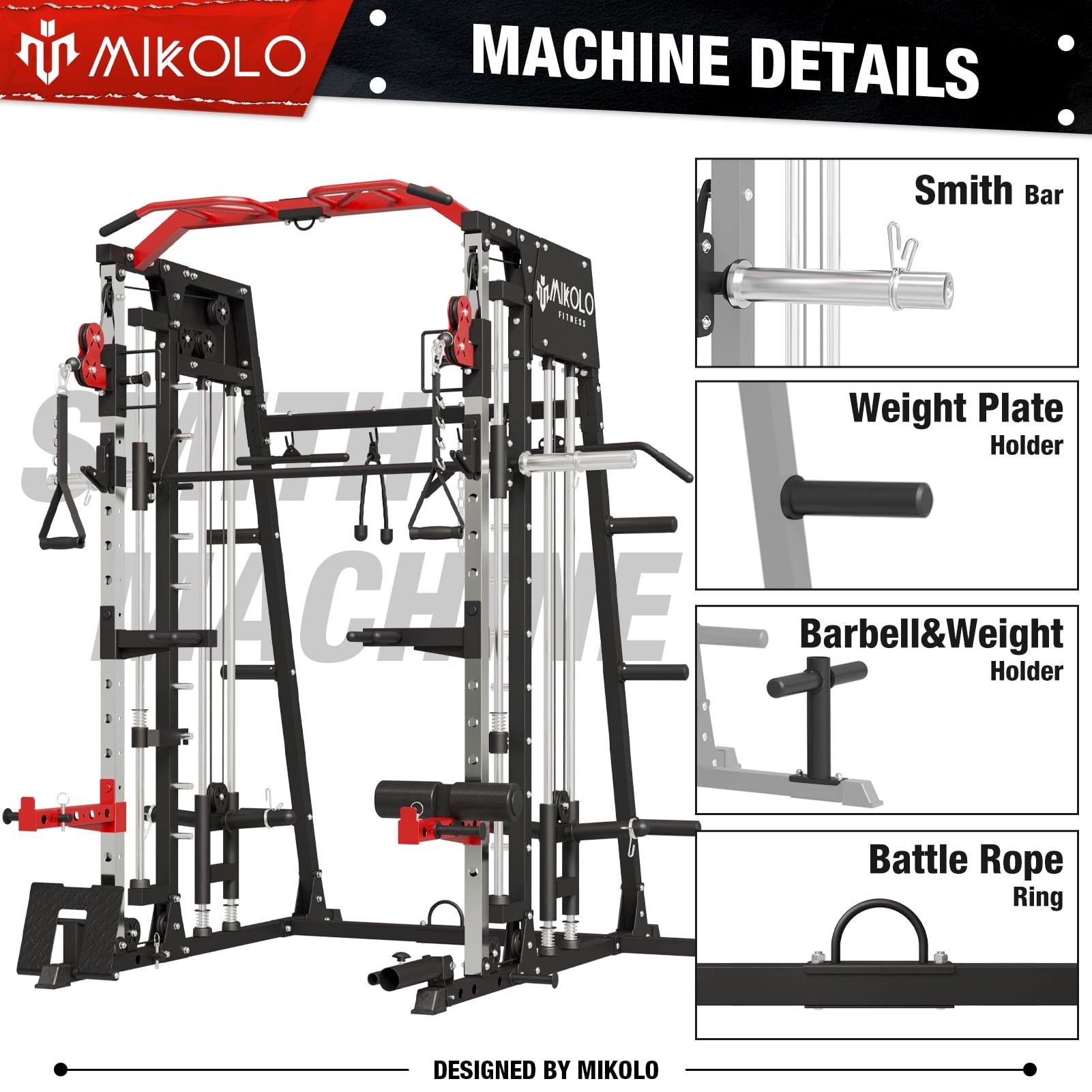 Mikolo Smith Machine Home Gym, 2200 lbs Power Rack Cage with Cable Crossover, Weight Bar, 360° Landmine, Barbell Holders and Other Attachments, Total Body Strength Training Cage