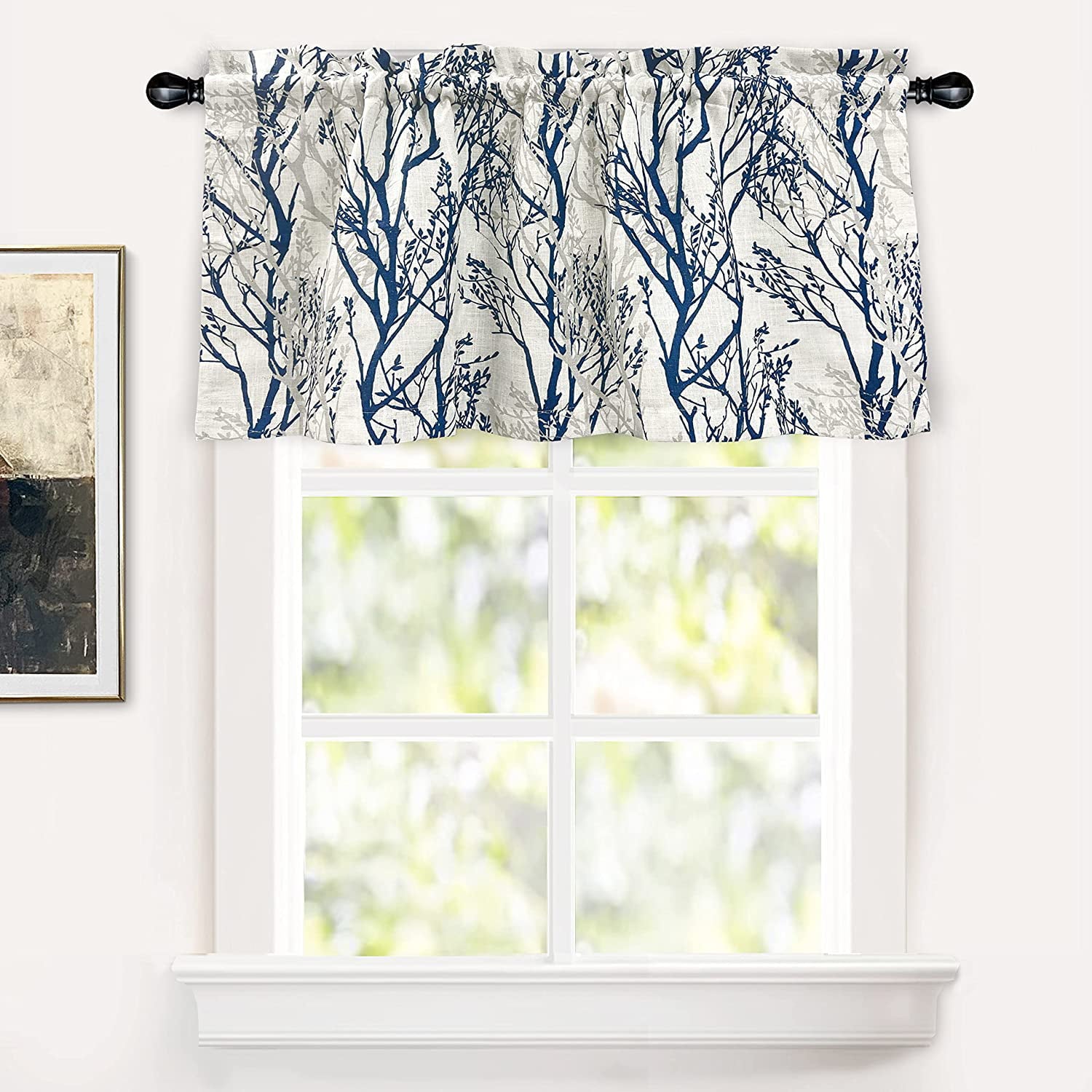 DriftAway Tree Branch Linen Blend Abstract Ink Printing Lined Thermal Insulated Window Curtain Valance Rod Pocket 52 Inch by 24 Inch Plus 2 Inch Header Blue