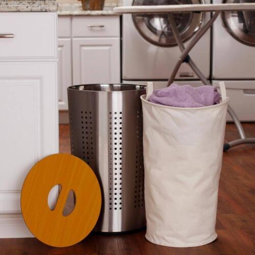 HOUSEHOLD ESSENTIALS Laundry Hamper Round Metal Wood Lid Removable Hamper Liner