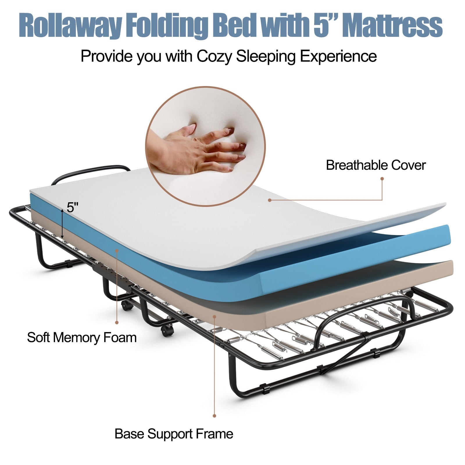 Topbuy Folding Bed Mattress with Swivel Casters Twin Portable Foldable Guest Bed with Sturdy Metal Frame Made in Italy