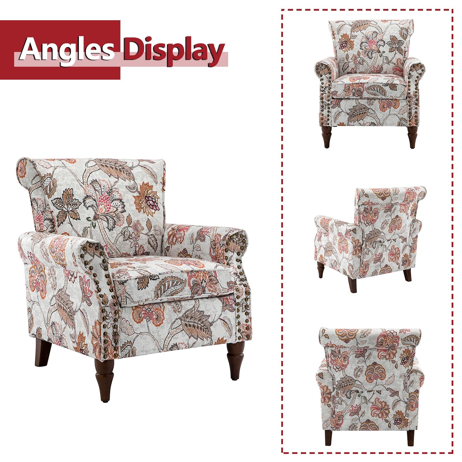 14 Karat Home Wingback Accent Chair Removable Cushion Floral Upholstered Sofa Armchair Couch Wood Legs Nailhead Trim Pink