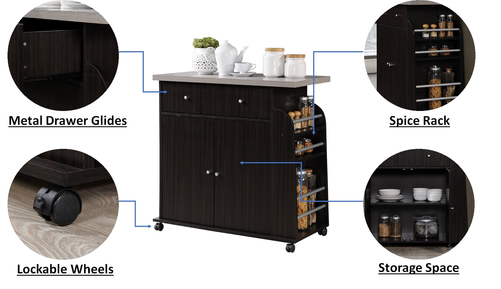 Hodedah Kitchen Cart with Spice Rack & Towel Rack, Chocolate