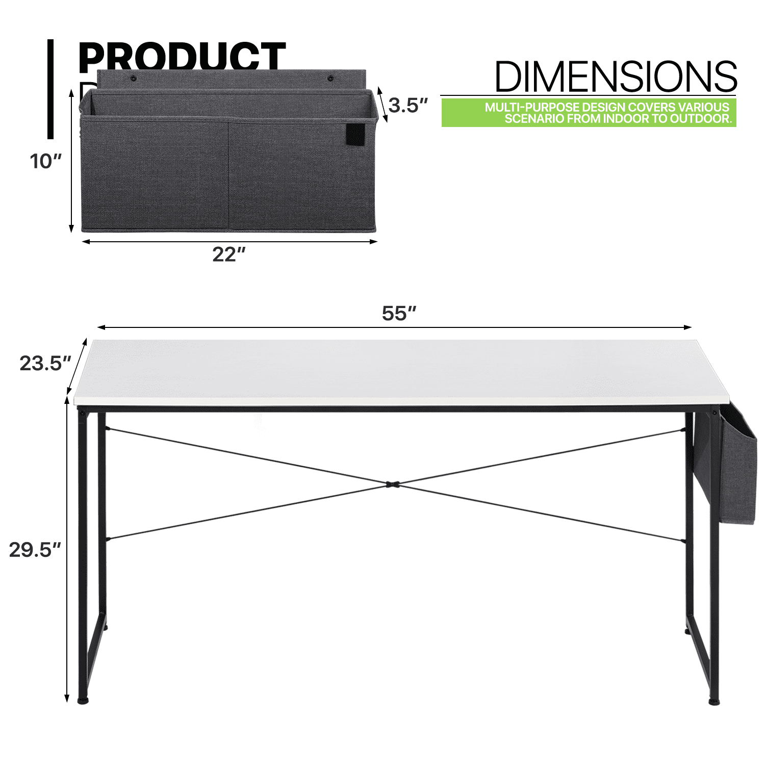 Magshion Computer Desk 55 Inches with Storage Bag, Student Study Writing Table for Office, White