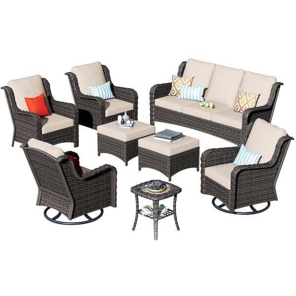 Oreille Brown 8-Piece Wicker Outdoor Patio Conversation Sofa Set with Swivel Rocking Chairs and Beige Cushions