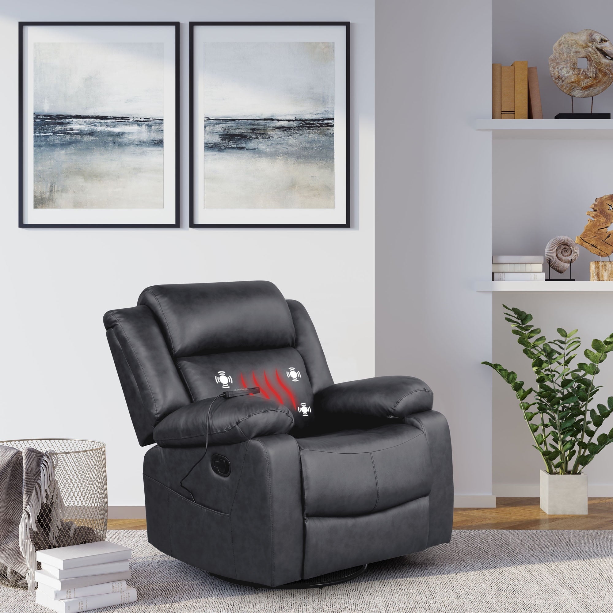 Elm & Oak Maxima Standard Manual Swivel Recliner with Massage and Heat, Black Faux Leather