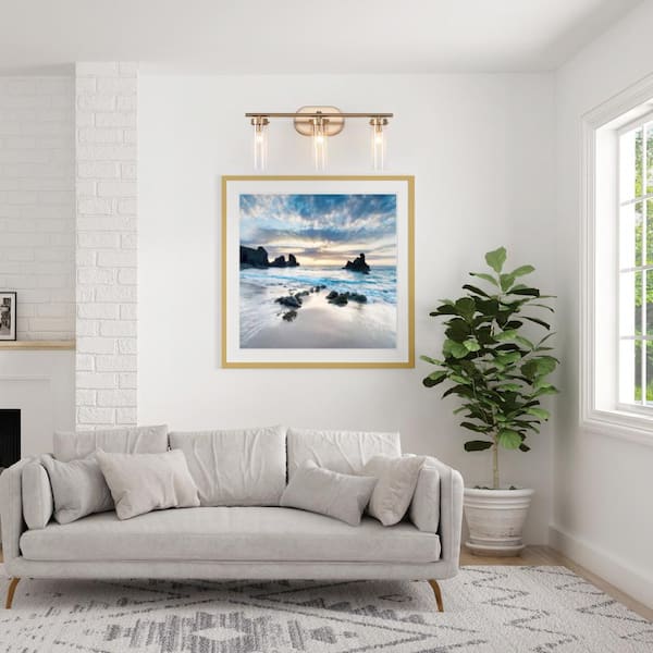 Antique Gold Modern 3-Light Bathroom Vanity Light 21.5 in. Powder Room Wall Light with Cylinder Clear Glass Shades