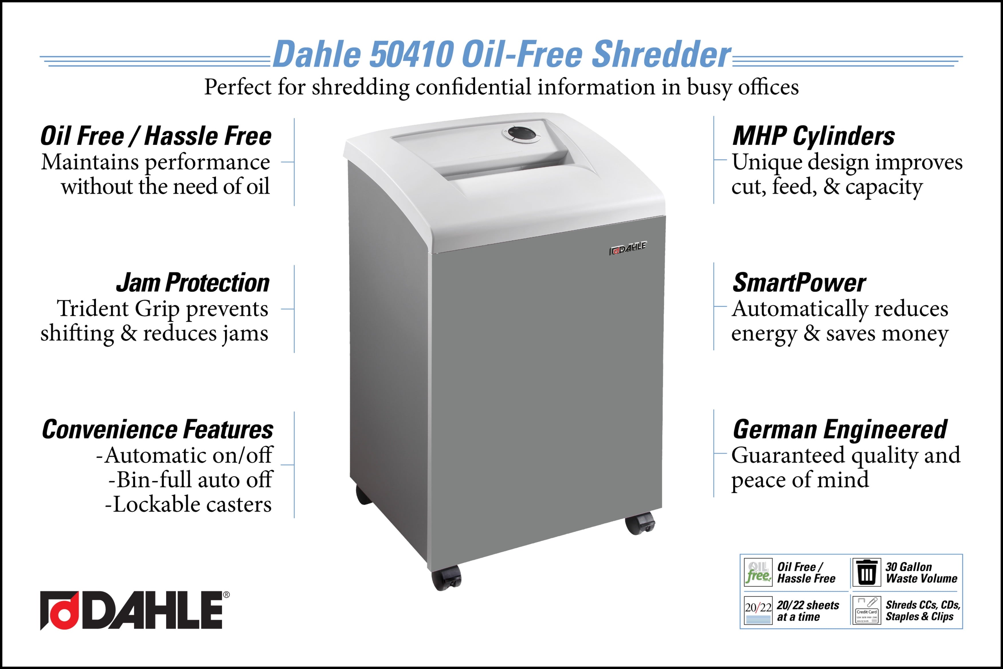 Dahle 50410 Oil-Free Paper Shredder w/Jam Protection, German Engineered, 20 Sheet Max, Level P-3