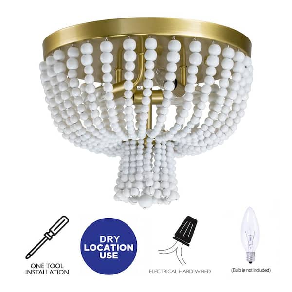 13.75 in. 3-Light Gold Flush Mount with White Wood Beads