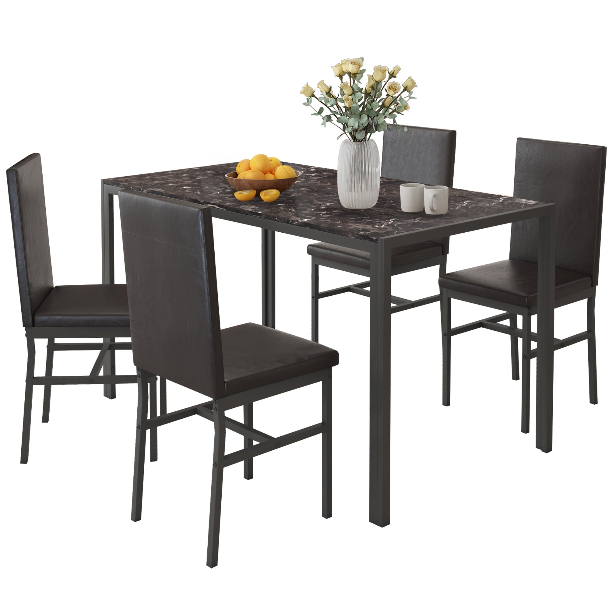 Paproos 5 Piece Dining Table Set, Dining Room Table Set with Marble Top and Faux Leather Upholstery Chairs, Modern Dinette Sets for Breakfast Nook, Compact Kitchen Table and Chairs Set, Brown