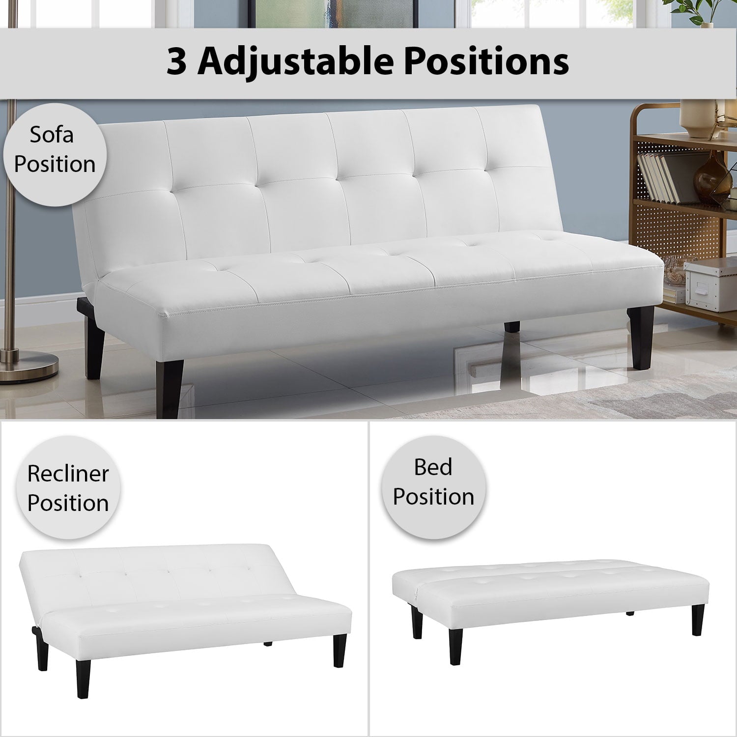 Button Tufted Futon Sofa Bed, Faux Leather Futon Couch, Modern Convertible Folding Sofa Bed Couch with Wooden Legs White