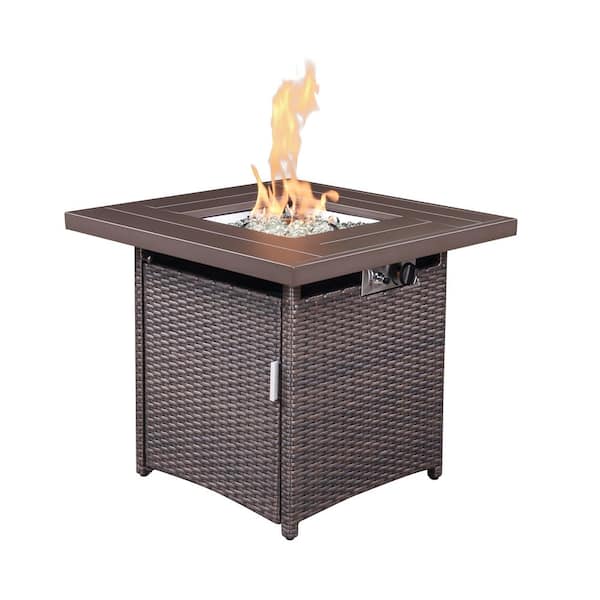 28 in. Square Wicker Outdoor Patio Propane Fire Pit Table with Lid